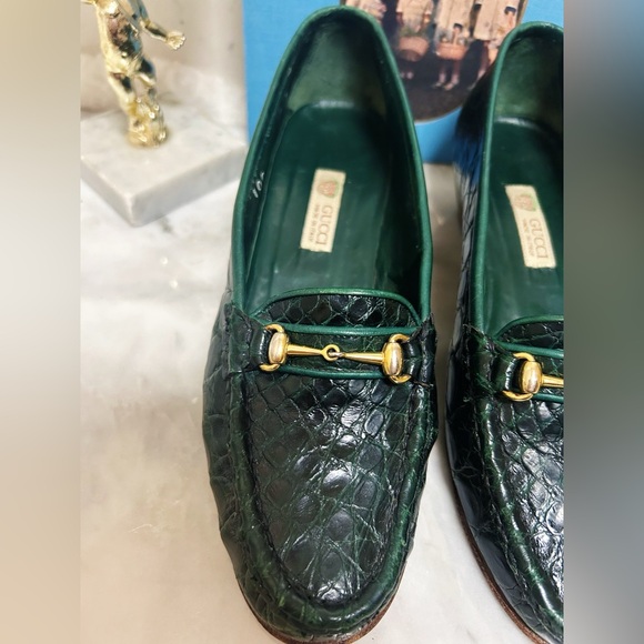 Authentic Gucci RARE 1970’s Vintage Dark Emerald Green Crocodile Leather Loafers - Picture 10 of 13